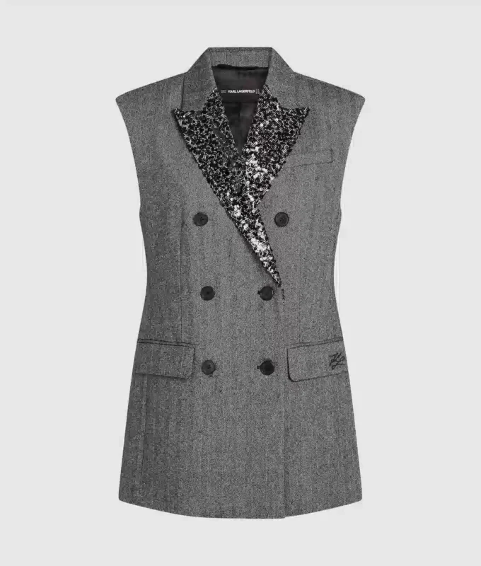 Chaleco de tweed con solapas de lentejuelas Chaleco de tweed con solapas de lentejuelas