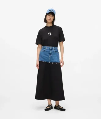 Falda larga con panel de denim