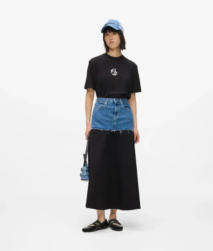 Falda larga con panel de denim Falda larga con panel de denim