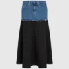 Falda larga con panel de denim Falda larga con panel de denim