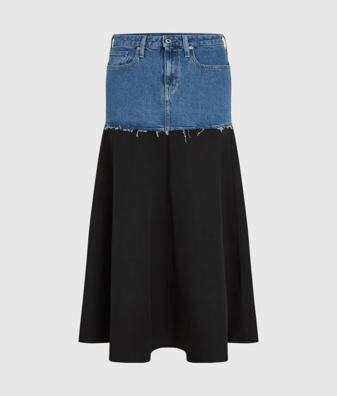 Falda larga con panel de denim Falda larga con panel de denim