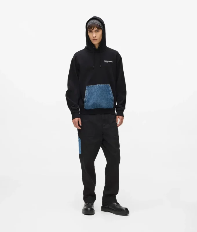 Sudadera con capucha y bolsillo de denim Sudadera con capucha y bolsillo de denim