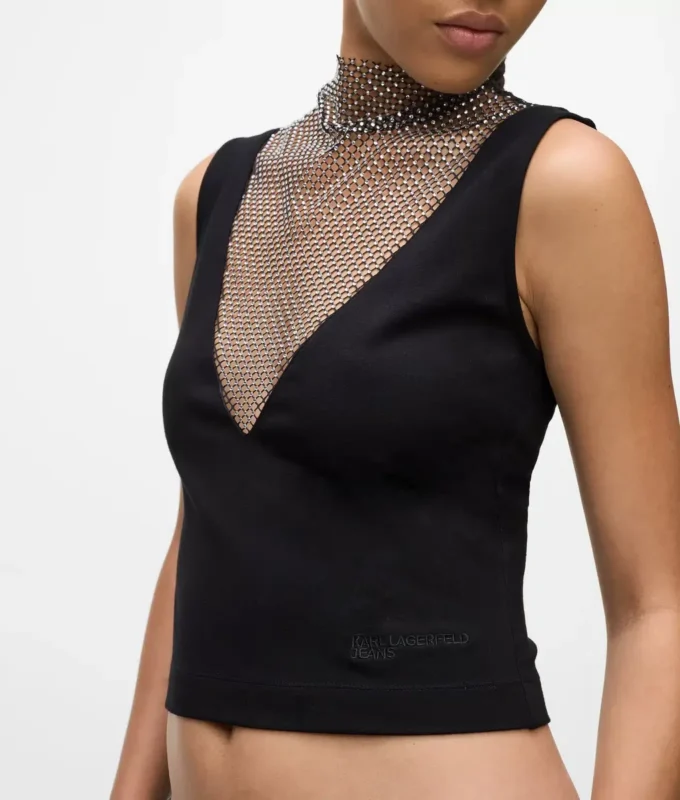 Top de malla con pedrería y cuello en V Top de malla con pedrería y cuello en V