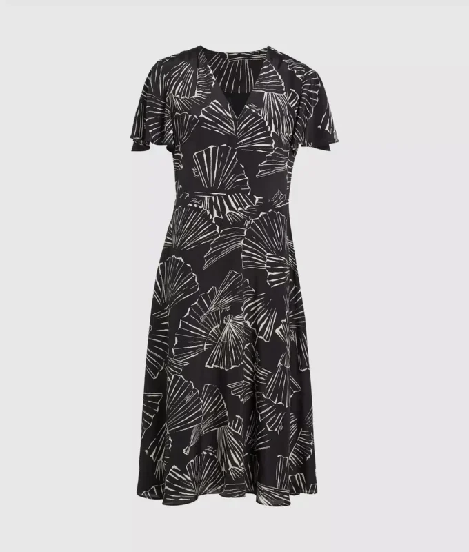 Vestido con estampado de abanicos y cuello en V Vestido con estampado de abanicos y cuello en V